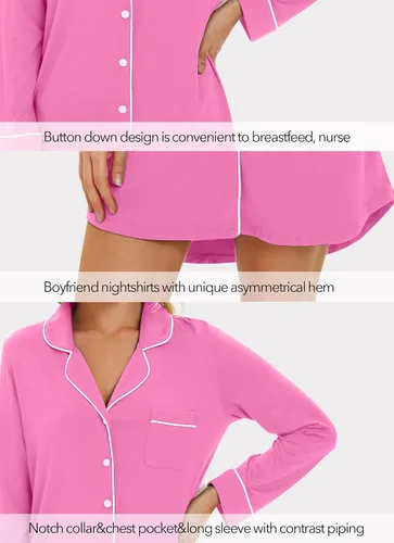 Vista 3 de WiWi Camisones para mujer, viscosa de bambú, suave, manga larga, camisa de dormir S-XXL