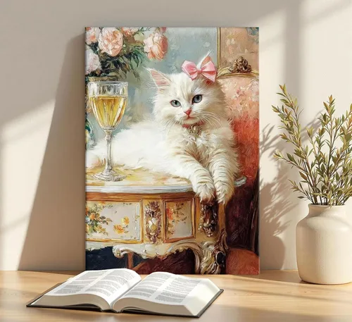 Vista 2 de Elegante lienzo vintage para pared, diseño de gato blanco caprichoso, divertido y retro, cuadro de carrito de bar, pintura ecléctica de animales
