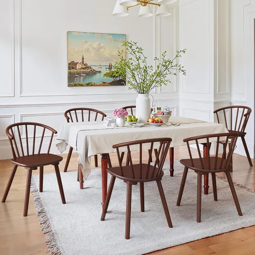 Vista 8 de LUE BONA Juego de 2 sillas de comedor negras, sillas de comedor de madera estilo granja con respaldo semicircular, silla de comedor con husos