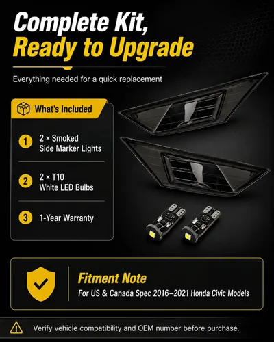 Vista 7 de Luz LED Blanca con Lente Ahumada para Marca Lateral Delantera Compatible con Honda Civic 10ª Generación 2016-2021 Sedán Coupé Hatchback