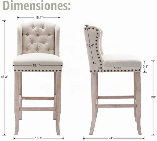Vista 2 de Juego de 2 taburetes de bar clásicos de lino de 30 pulgadas, sillas de bar altas con respaldo copetudo con botones con patas de madera maciza Beige