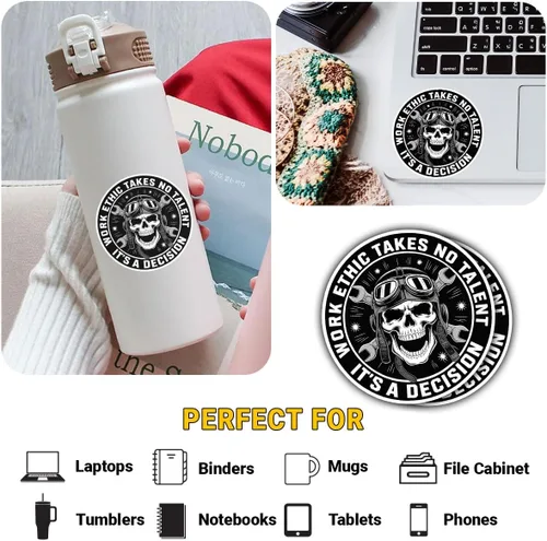 Vista 5 de 3 Pcs Work Ethic Takes No Talent It’s a Decision Stickers, Skull Mechanic Vinyl Decals with Wrenches, Motivational Garage Stickers for Laptops
