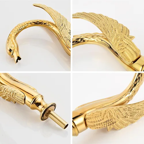 Vista 6 de Oro dorado adornado estilo cisne baño fregadero grifo combinado cubierta montaje fregadero mezclador grifo conjunto agua fría caliente
