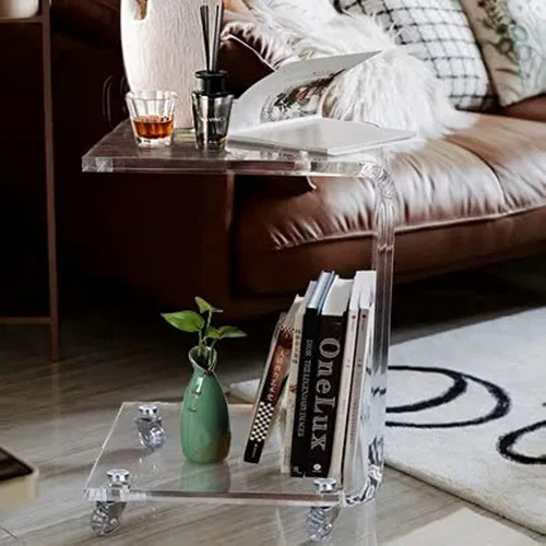 Vista 3 de ONELUX Mesa auxiliar móvil en forma de C,Mesa auxiliar de sofá de acrílico, mesa de aperitivos en ruedas,Mesa rodante transparente