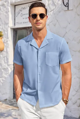 Vista 2 de COOFANDY Men's Casual Button Down Shirts Short Sleeve Cuban Collar Shirt Summer Beachwear