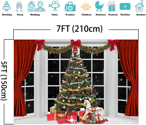 Vista 4 de Mocsicka Fondo de fotografía de ventana interior de Navidad, árbol de Navidad, escenario de noche estrellada, fondo fotográfico, familia, niños