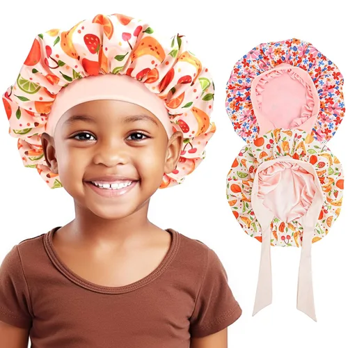 Vista 8 de Lolalet 2 piezas de cofias para niñas, cofia reversible de seda para dormir, cofia de satén con banda elástica ancha - Morado y Rosa A -Púrpura+Rosa
