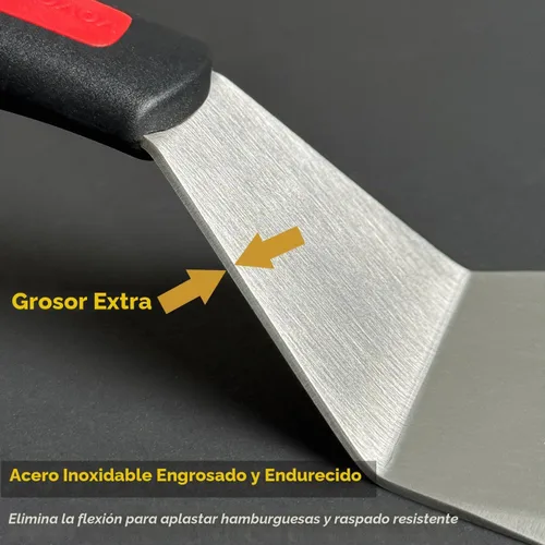Vista 3 de Espátula de metal profesional para sartenes de hierro fundido y parrillas de parte superior plana, mango de silicona de espiga completa, hoja
