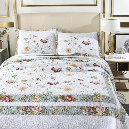 Vista 3 de vctops Juego de edredón bordado de algodón floral de 3 piezas, elegante, reversible, ligero, suave, con 2 fundas de almohada