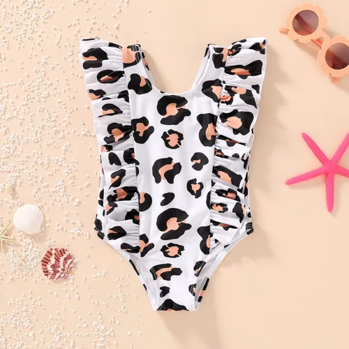 Vista 3 de Traje de baño de una sola pieza a cuadros para bebé, traje de baño de playa con volantes de leopardo