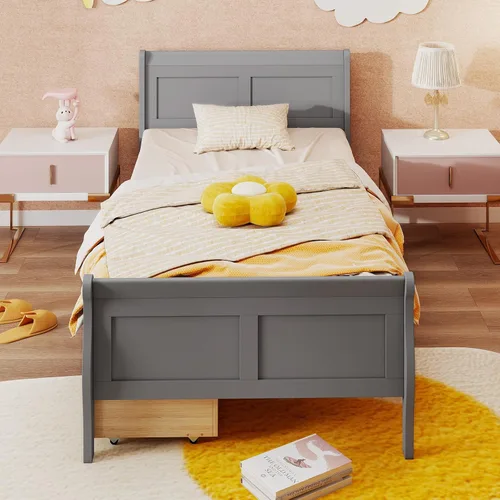 Vista 9 de KOMFOTT Cama individual con 2 cajones, cama de almacenamiento individual con cabecera y estribo, marco de cama de madera de trineo con soporte