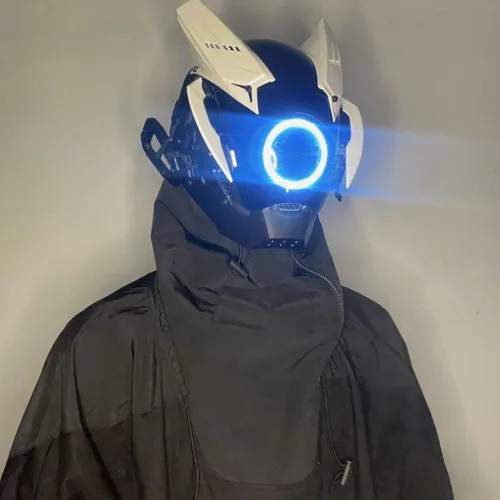 Vista 4 de Cyberpunk - Máscara para cosplay, casco futurista de guerrero Mecha con luz LED, máscara de cara completa negra de ciencia ficción, perfecto