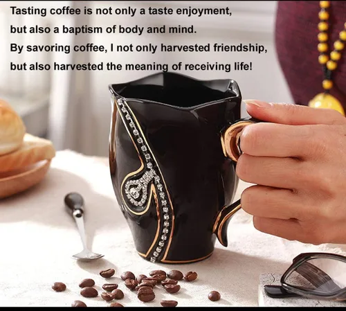 Vista 3 de Taza de café con diamantes de imitación, taza de agua de 14 onzas para oficina y hogar, taza de café única, bonitas tazas de café de cerámica