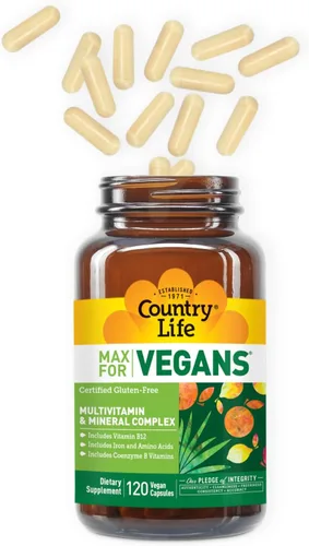 Vista 3 de Country Life Max for Vegans - 120 cápsulas veganas - Multivitaminas diarias - Suplemento de apoyo inmunológico - Contiene vitamina B12, hierro