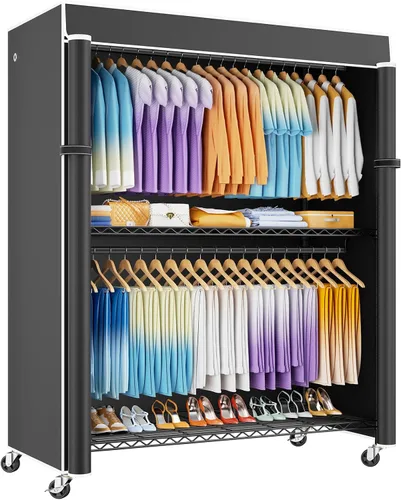 Vista 13 de ULIFHOME P8C Pro - Perchero resistente (con diseño de ancho extendido) para colgar ropa con ruedas bloqueables, 42 pulgadas de ancho x 15.8 pulgadas