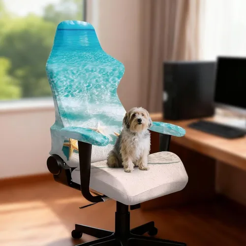 Vista 3 de Fundas para sillas de escritorio azules elásticas de 4 piezas, fundas para sillas de computadora con cremallera de estrella de mar para adultos