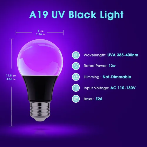 Vista 6 de Bombillas Briignite de luz negra, 12 W LED de luz negra para decoración de Halloween, foco de luz UV-A 385-400 nm, foco de luz negra A19