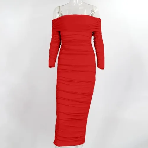Vista 4 de Pofash Vestido para mujer sexy, entallado y con un hombro descubierto, longitud por debajo de la rodilla, de tul fruncido, para fiesta y cóctel