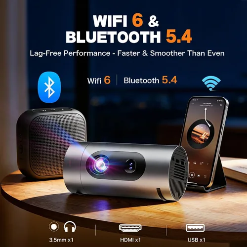 Vista 5 de Proyector inteligente con WiFi y Bluetooth, mini proyector compatible con 4K 1080P, proyectores de película portátiles aplicaciones integradas