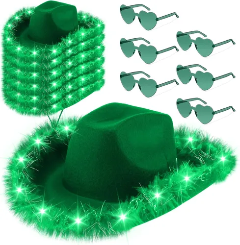 Vista 13 de Zhanmai 6 Pcs Cowgirl Light up Hat with Feather and Heart Sunglasses Negro