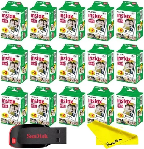 Vista 7 de Fujifilm Película Instax Mini para cámara instantánea con unidad flash USB Sandisk de 32 GB + 2 paquetes mini dobles (40 hojas) y paño de limpieza