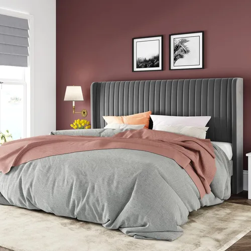Vista 17 de Allewie - Base de cama tamaño Full con cabecera tapizada en terciopelo y diseño acanalado vertical; plataforma de cama tapizada; listones de madera