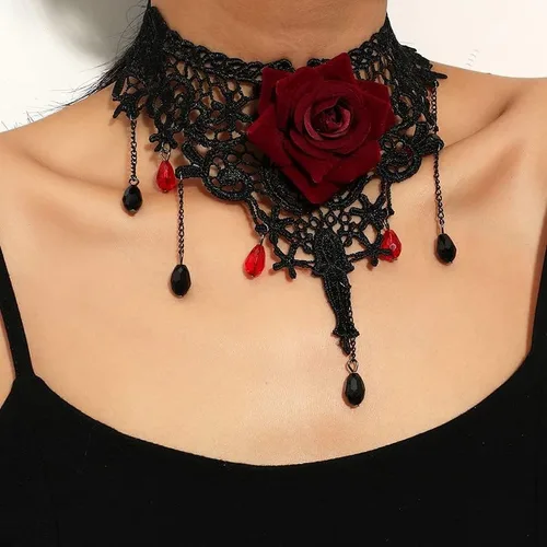 Vista 3 de Gargantilla gótica de encaje negro rosa roja para mujer, Zinc, No es una piedra preciosa