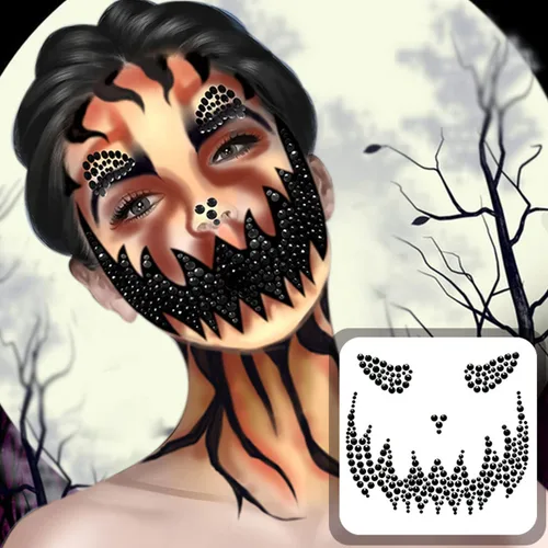 Vista 2 de Joyas para la cara de Halloween, gemas tatuajes, tatuajes temporales negros, diamantes de imitación azules, cara de calavera falsa, tatuaje falso