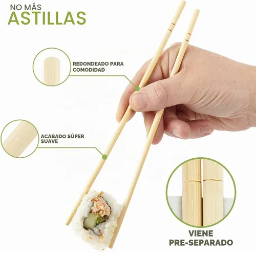 Vista 3 de Stock Your Home Palillos desechables de bambú (50 unidades), palillos separados a granel para sushi, comida china, japonesa y asiática, palillos