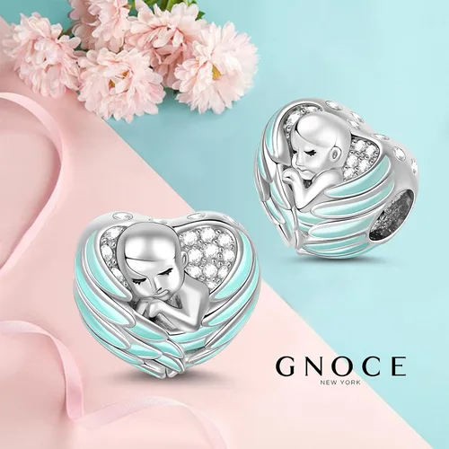 Vista 2 de GNOCE - Abalorio para bebé, plata de ley 925, con alas de ángel, con forma de czs, apto para pulseras, collares, regalos para madres y amigos