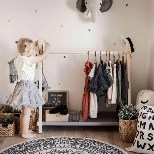 Vista 2 de Armario para niños, armario abierto Montessori, estante de ropa estilo tipi Montessori con almacenamiento, estante de exhibición de tienda, estante