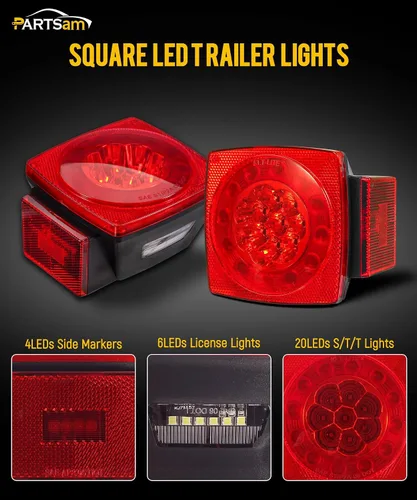 Vista 4 de Partsam Kit de luces traseras sumergibles para remolque, impermeables, de 12 V, luces LED cuadradas para remolque, halo brilla con arnés