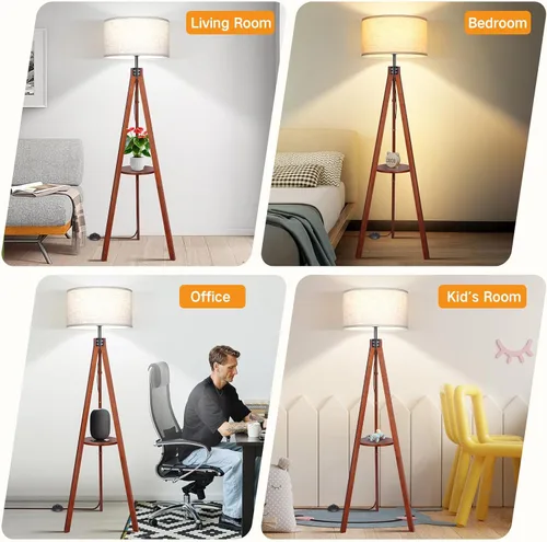 Vista 7 de OUTON Lámpara de pie con trípode de madera regulable con estantes, control remoto, lámpara de pie moderna de mediados de siglo de 58.5 pulgadas