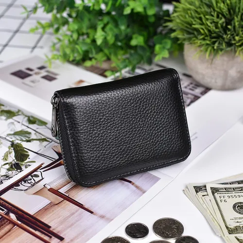 Vista 7 de Tarjetero para mujeres y hombres RFID pequeñas carteras para tarjetas de crédito, organizador de dinero, Negro, 20 ranuras, Minimalista