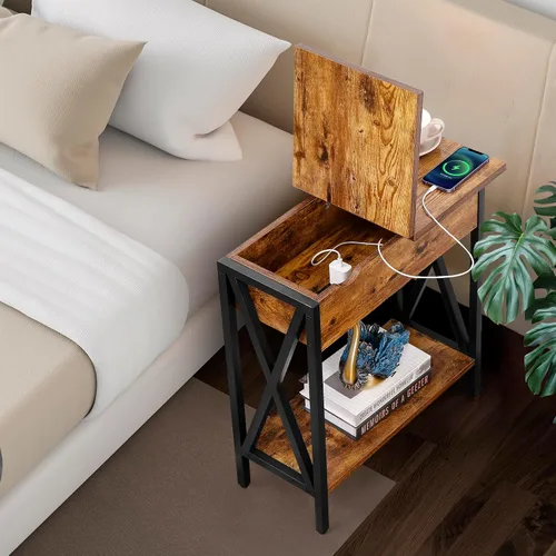 Vista 2 de ZENY Mesa auxiliar con estación de carga, mesa auxiliar abatible con puertos USB y tomas, mesa de sofá estrecha para sala de estar, dormitorio