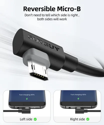Vista 4 de SUNGUY Cable micro USB corto de 6 pulgadas de 90 grados, 2 unidades, cable micro USB de ángulo recto de carga rápida y sincronización de datos
