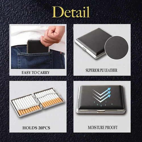 Vista 5 de Caja de cigarrillos elegante de cuero con superficie de metal para 20 cigarrillos, caja de cigarrillos para hombres y mujeres, regalo ideal