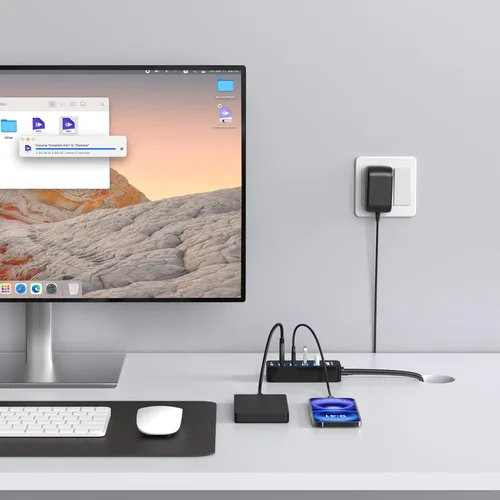 Vista 8 de Atolla Hub USB 3.0 de 4 puertos con 4 puertos de datos, 1 puerto de carga inteligente, interruptores individuales de encendido/apagado y adaptador