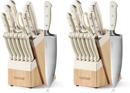 Vista 10 de CAROTE Juego de 11 cuchillos con bloque para cocina, hoja súper afilada de acero inoxidable, mango ergonómico con triple remache, bloque magnético