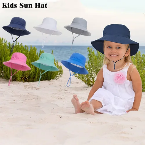 Vista 7 de Sombrero de sol para bebé de verano UPF 50+, sombrero de pescador de ala ancha, sombreros de playa para bebés niños y niñas de 0 a 6 años