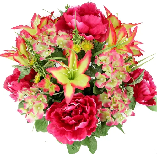 Vista 5 de Admired by Nature 2 piezas de 24 rosas artificiales, clavel mixto, arbusto de primavera, arreglo floral sintético para exteriores e interiores