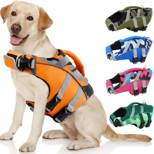 Vista 12 de Kuoser Chaleco salvavidas reflectante para perro, chaleco salvavidas para nadar y navegar Chalecos salvavidas ajustables para mascotas, traje
