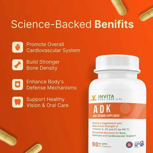 Vista 5 de INVITA, Suplemento vitamínico ADK – 90 cápsulas – Alta potencia de vitamina A, D3 5000 UI y K2-MK7 – Médico formulado para apoyo óseo, corazón e