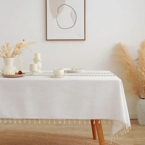 Vista 7 de AMZALI Mantel cuadrado de lino de algodón con bordado de hojas, diseño para granja, con borlas, sin arrugas, cubierta de mesa para decoración