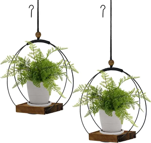 Vista 12 de Maceta colgante para plantas de interior, colgador de plantas negro para interiores con base de madera resistente, colgador de plantas de macramé
