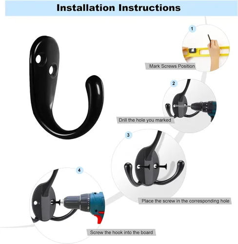 Vista 3 de Kruodop Paquete de 4 Ganchos de Pared Ganchos de Pared Montados para Colgar Servicio Pesado, Ganchos Negros para Toallas, Colgador de Abrigo