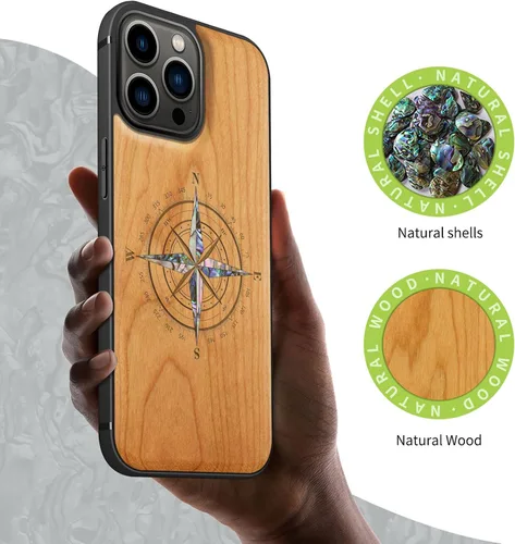 Vista 2 de Carveit Funda protectora de madera de diseñador para iPhone 13 Pro Max, funda magnética [grabado de madera e incrustaciones de carcasa] compatible