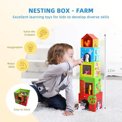 Vista 5 de OOOK Juguetes Montessori para niños de 1 año, kit educativo de aprendizaje 7 en 1 con cubo sensorial, caja de anidación, caja educativa 3 en 1