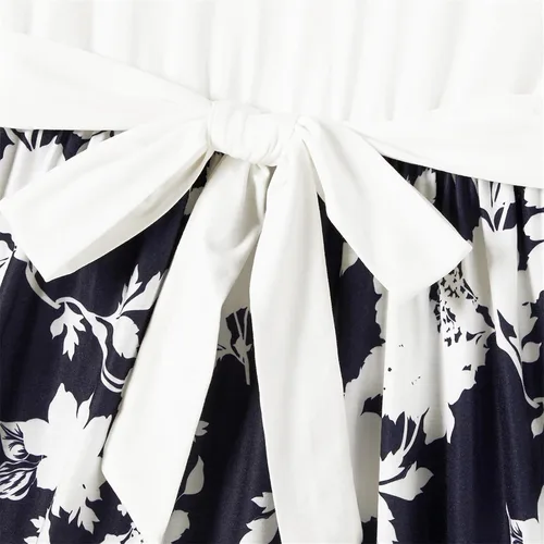 Vista 5 de PATPAT Conjunto de vestidos familiares a juego para madre e hija con estampado floral y puños con volantes y camisetas de manga corta