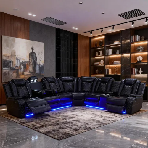 Vista 12 de Juego de sofá reclinable eléctrico, juegos de muebles de sala de estar, juego de sofá modular de cuero con luces LED, portavasos, consola